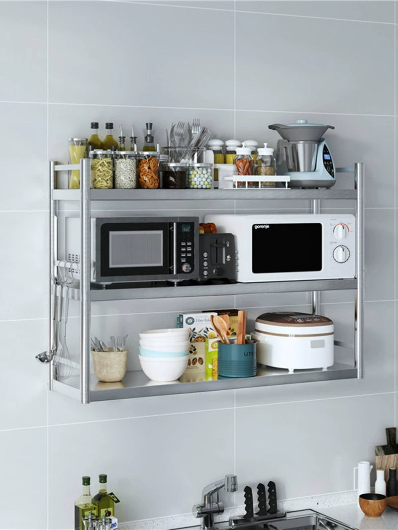 Stainless Steel Kitchen Storage Rack with Fence Wall Shelf Microwave Oven Wall-Mounted Shelf Seasoning Rack with Fence Wall-Mounted Shelf